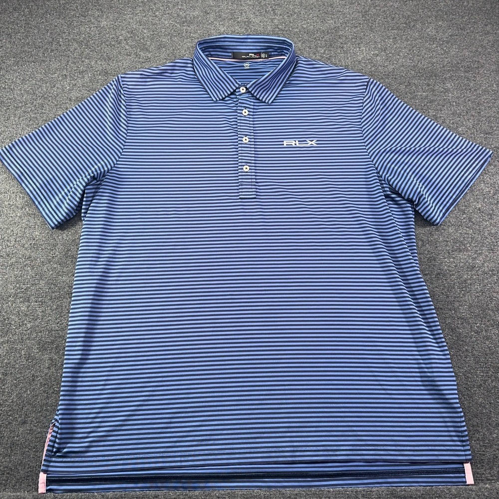 RLX Ralph Lauren Mens XL Blue Striped Short Sleeve Golf Polo Wicking Shirt